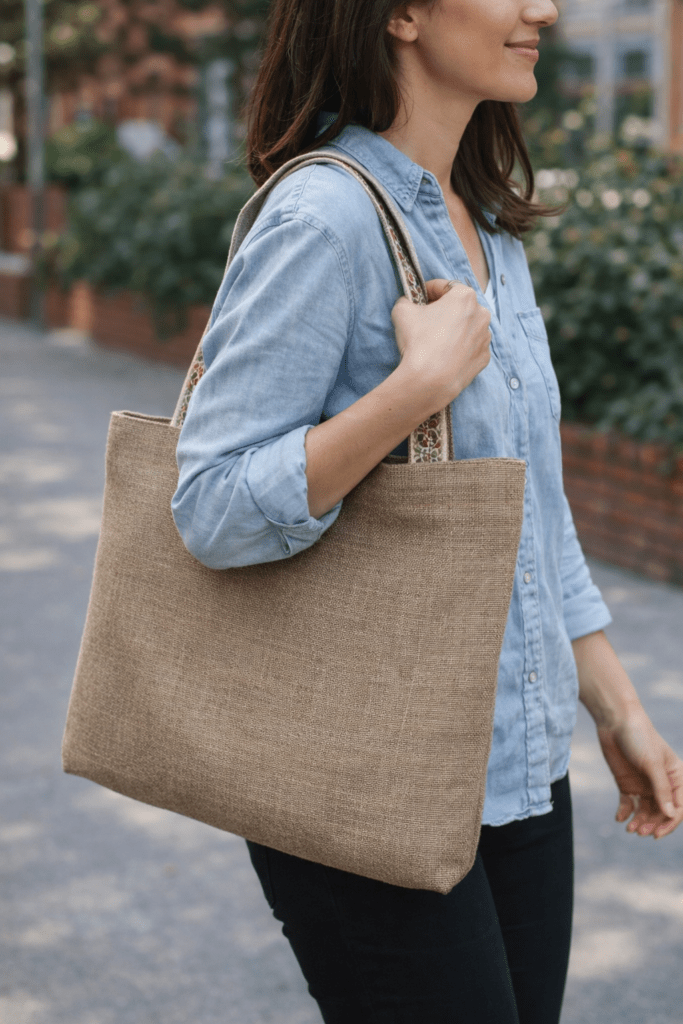 Kobieta niosąca torbę lnianą na ramieniu.